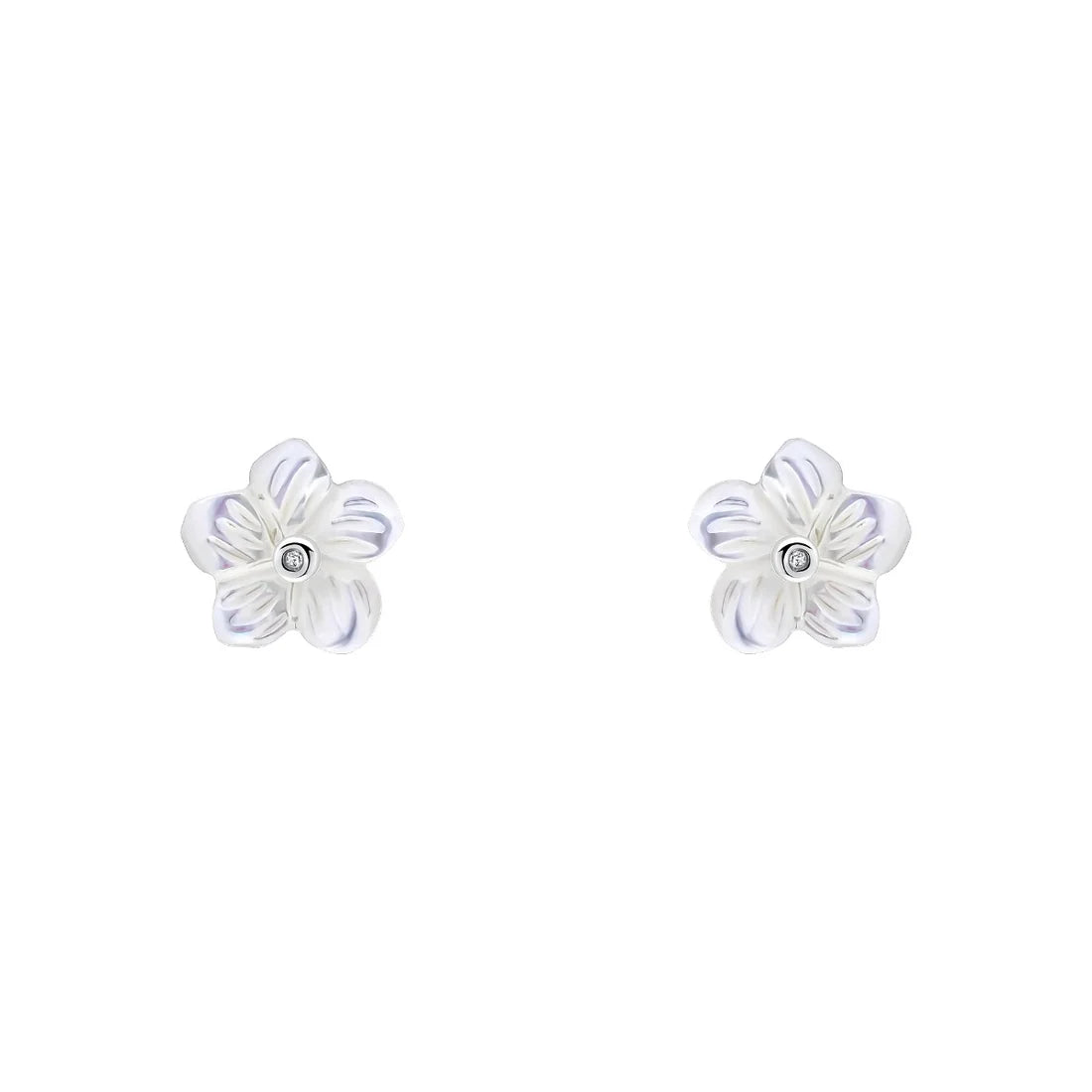 D for Diamond Carved Mother of Pearl Flower Stud Earrings with Diamond E6688W