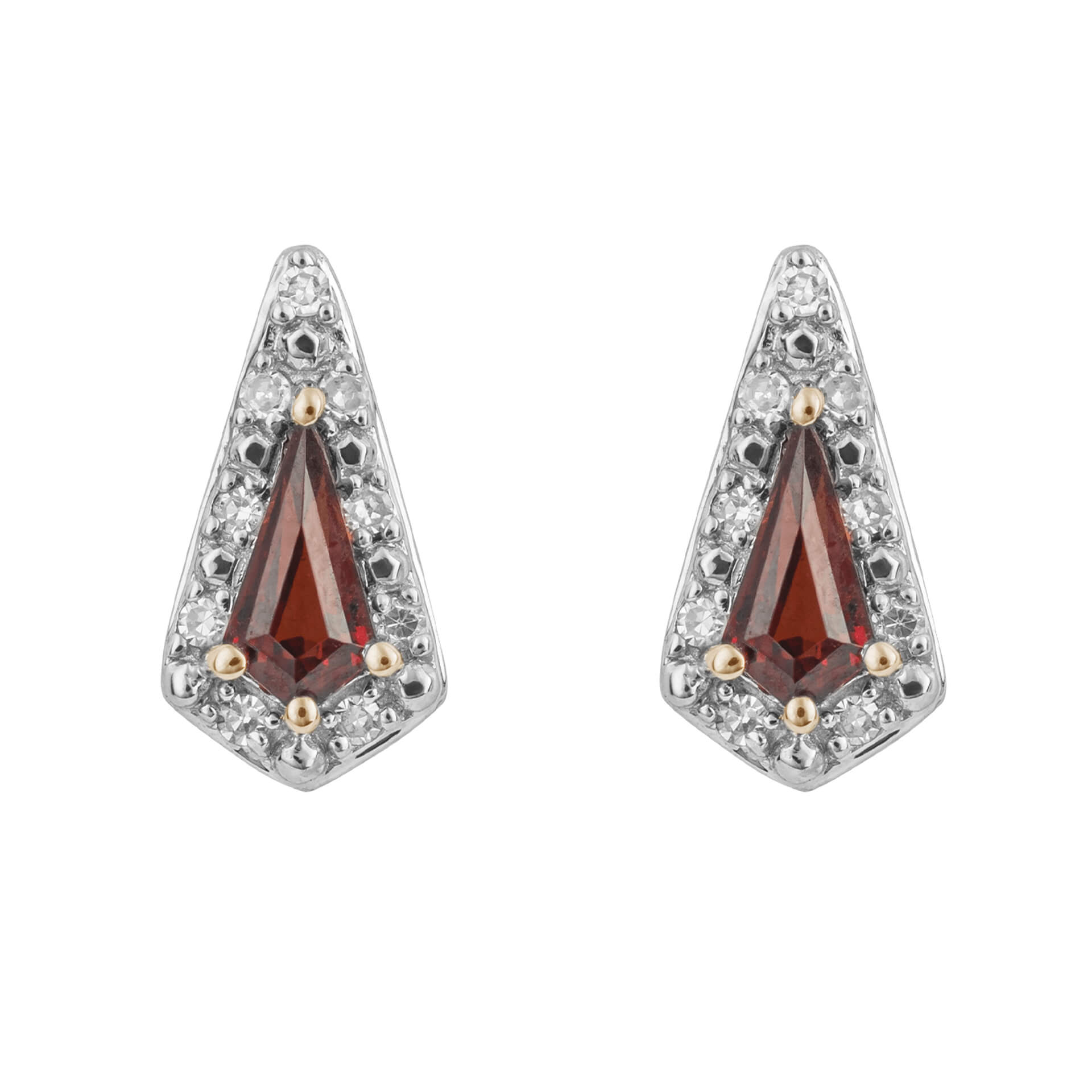 Elements Gold Trapeze Cut Garnet Stud Earrings with Diamond