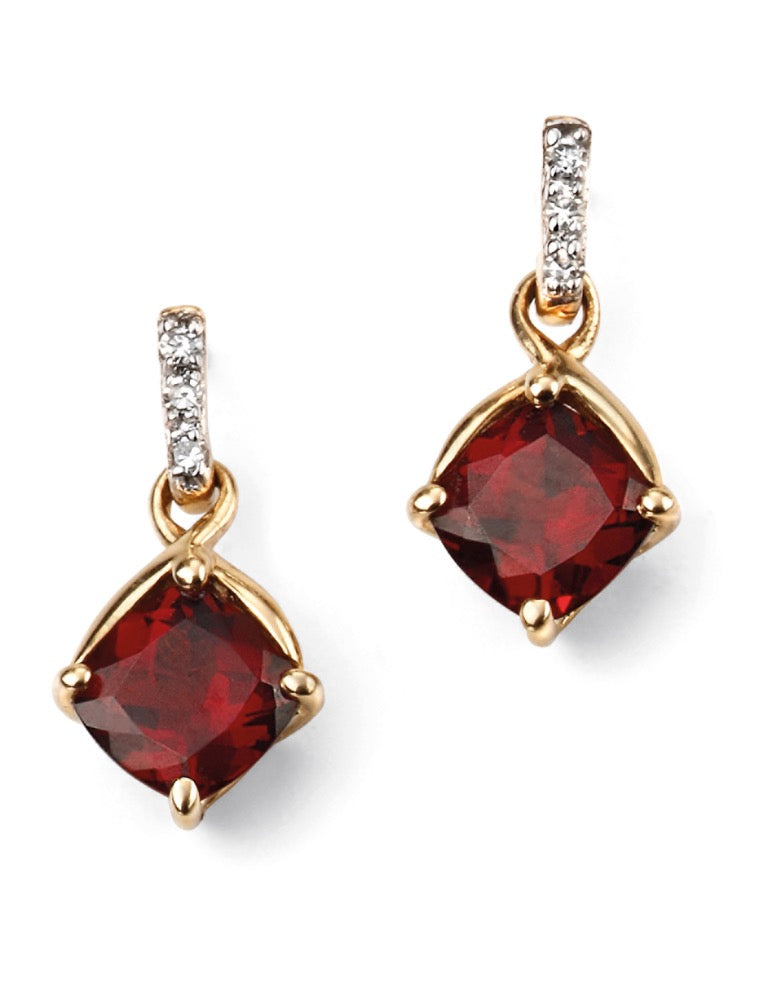 Elements Gold Square Garnet Drop Earrings with Diamond