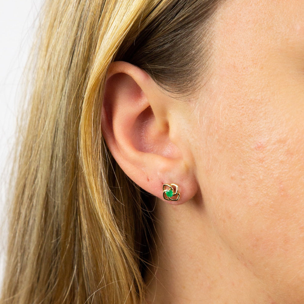 Elements Gold Cut Out Flower Stud Earrings with Emerald
