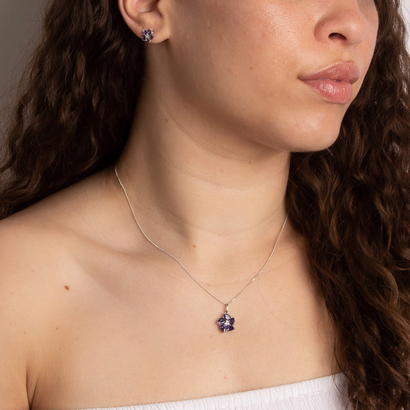 Elements Gold Peony Flower Pendant with Iolite and Diamond