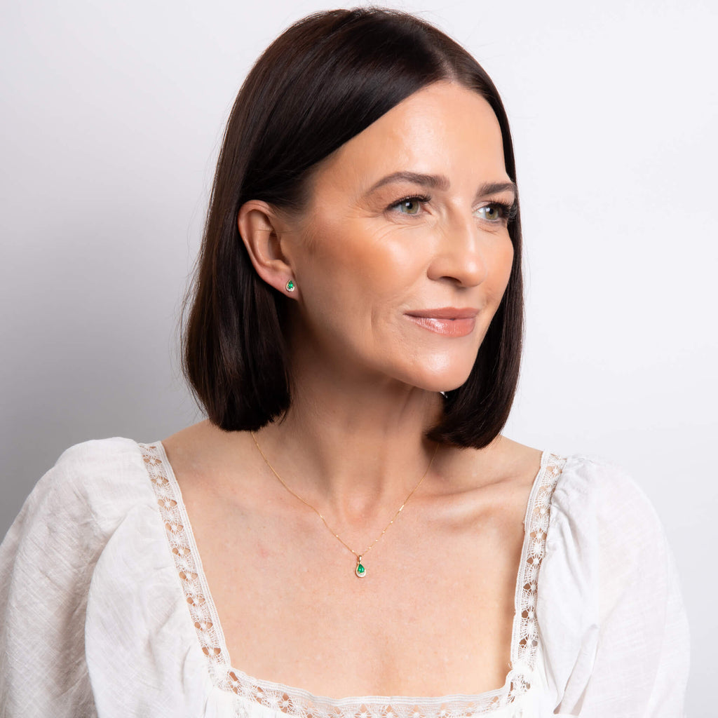 Elements Gold Teardrop Emerald and Diamond Stud Earrings