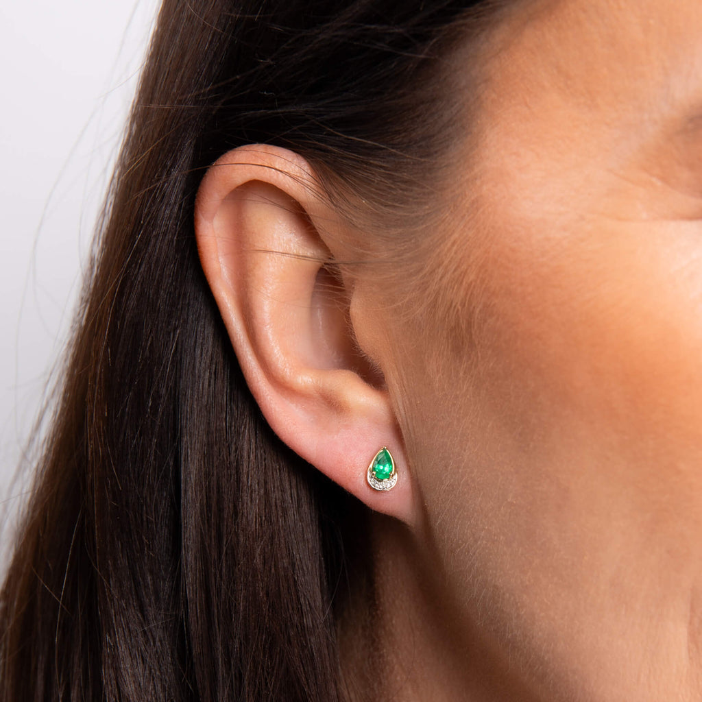 Elements Gold Teardrop Emerald and Diamond Stud Earrings