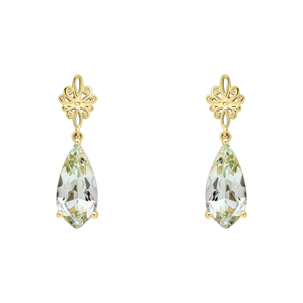 Elements Gold Fancy Cut Green Quartz Drop Earrings with Swirl Detail