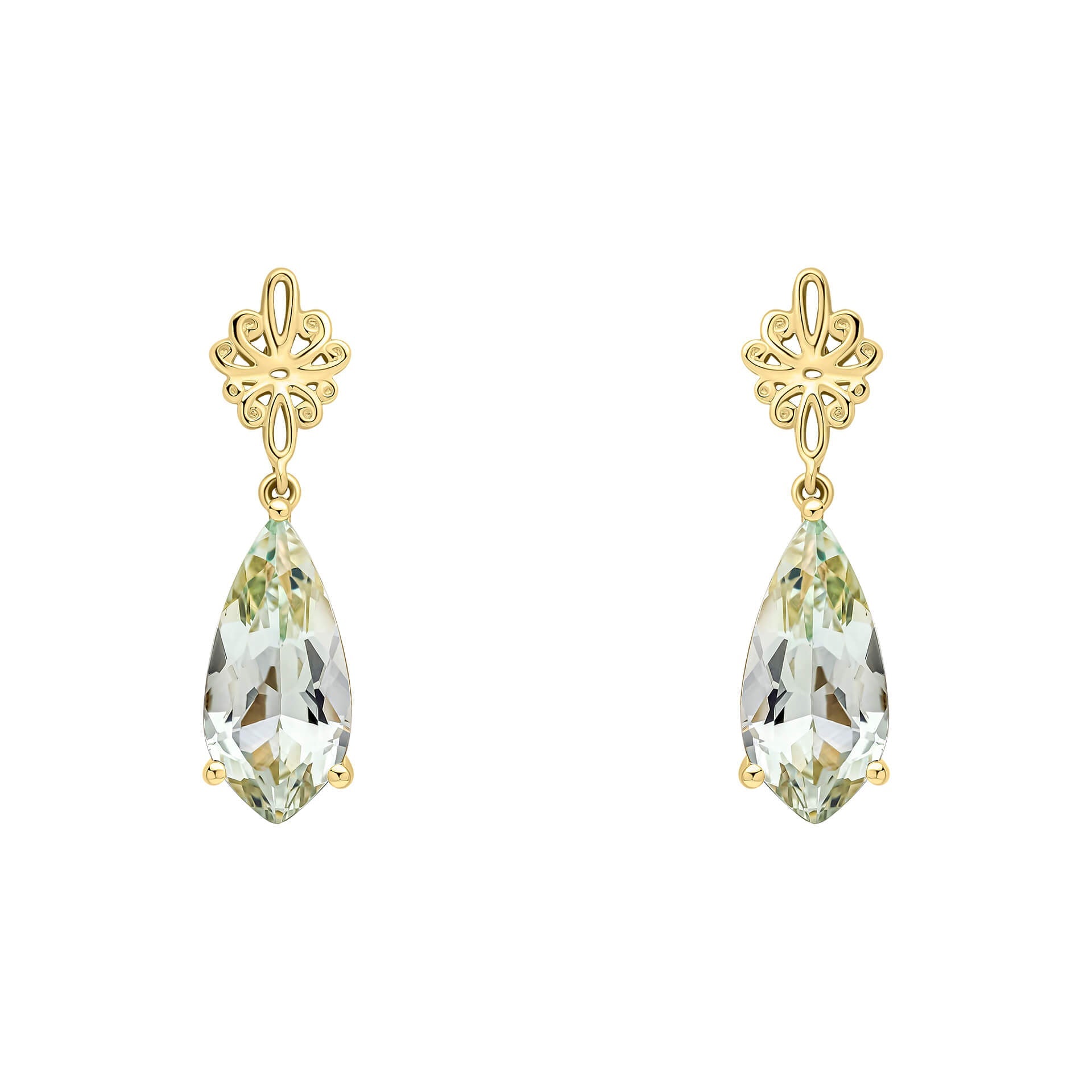 Elements Gold Fancy Cut Green Quartz Drop Earrings with Swirl Detail