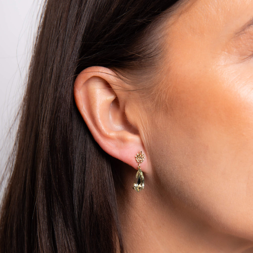 Elements Gold Fancy Cut Green Quartz Drop Earrings with Swirl Detail