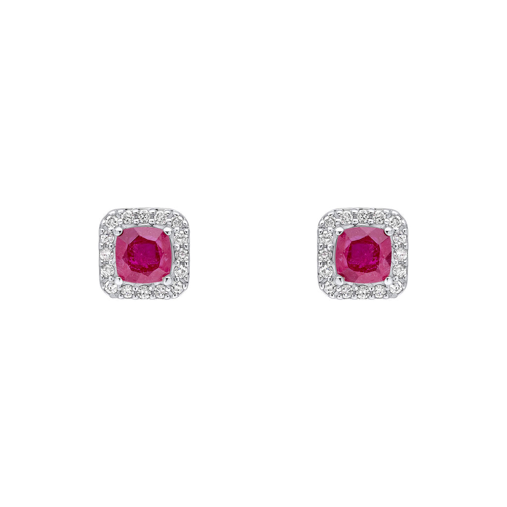 Elements Gold Cushion Cut Ruby with Diamond Halo Stud Earrings