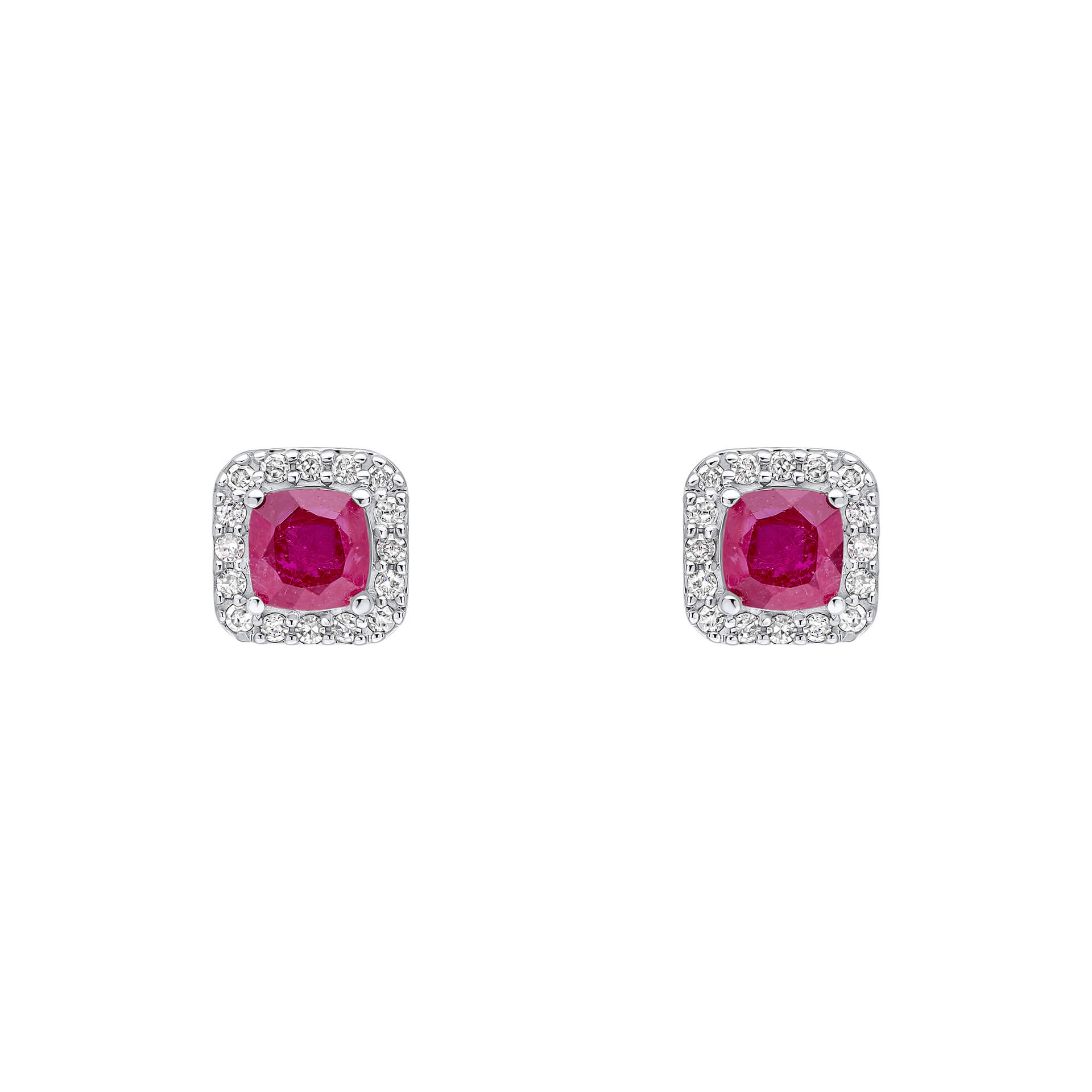 Elements Gold Cushion Cut Ruby with Diamond Halo Stud Earrings