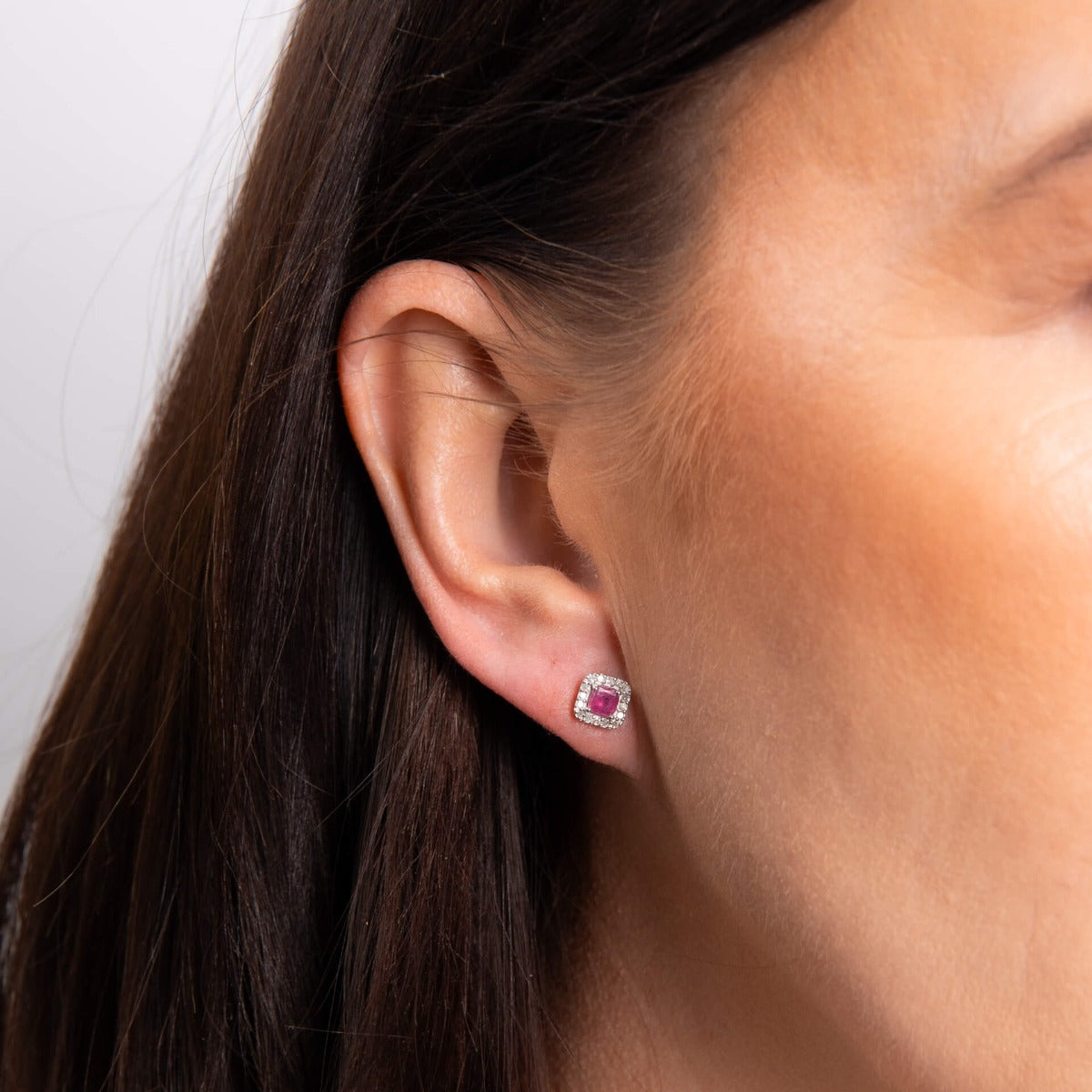 Elements Gold Cushion Cut Ruby with Diamond Halo Stud Earrings