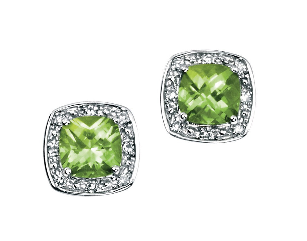 Elements Gold Cushion Cut Peridot Earrings with Diamond Surround