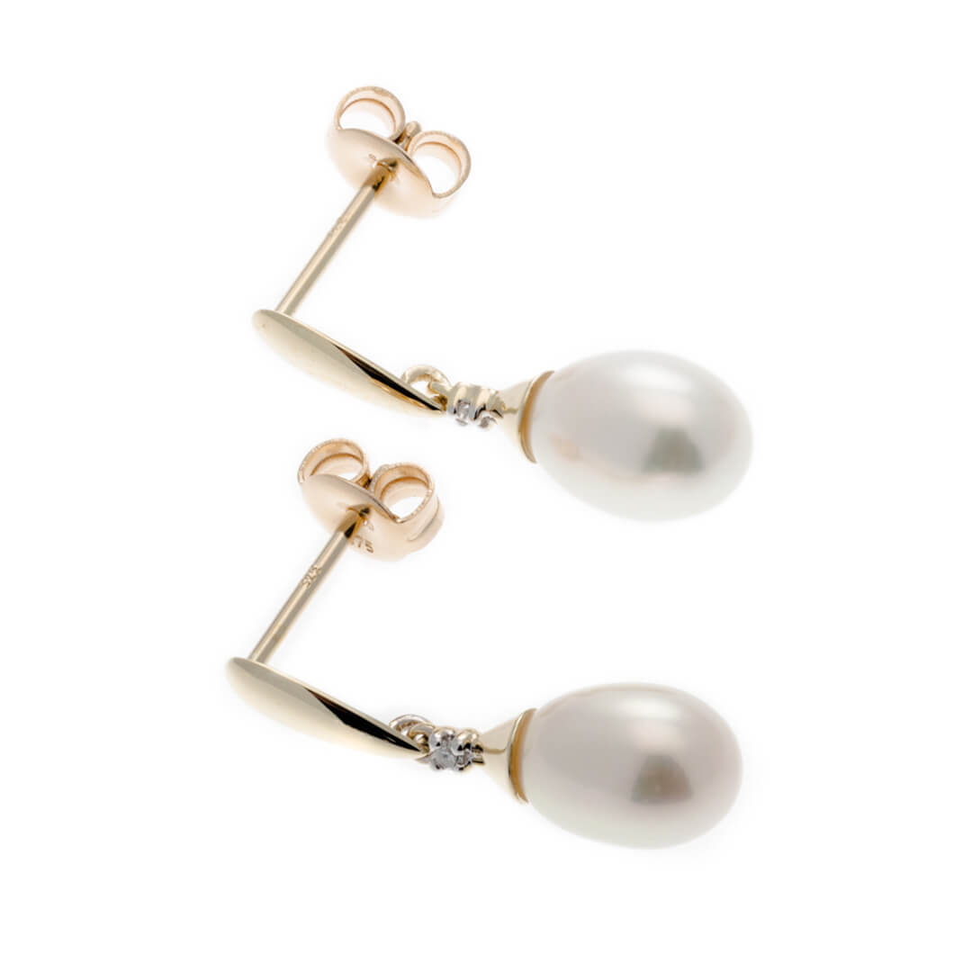 Elements Gold Freshwater Pearl and Diamond Drop Earrings