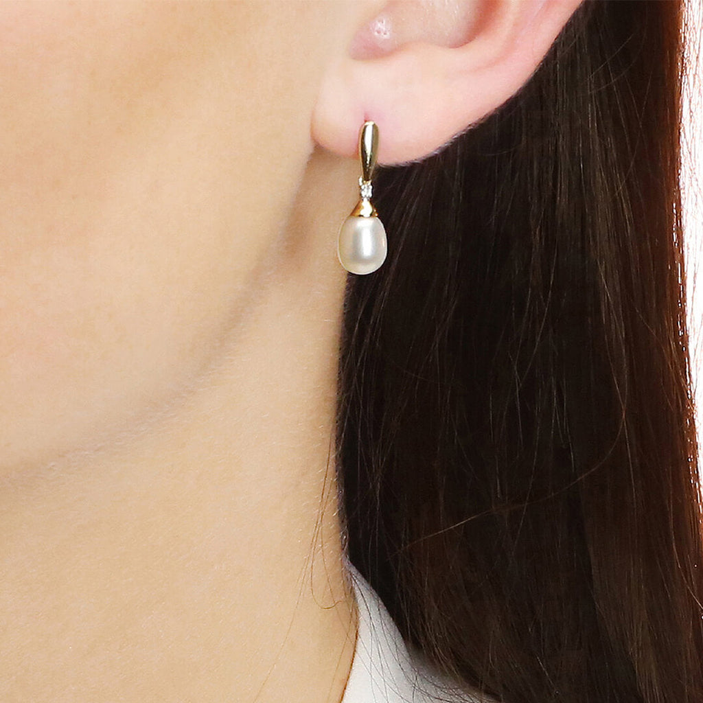 Elements Gold Freshwater Pearl and Diamond Drop Earrings