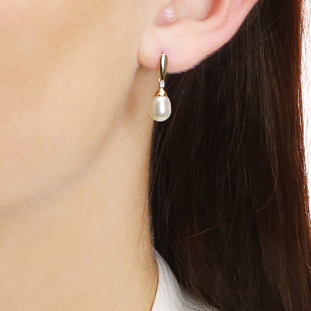 Elements Gold Freshwater Pearl and Diamond Drop Earrings