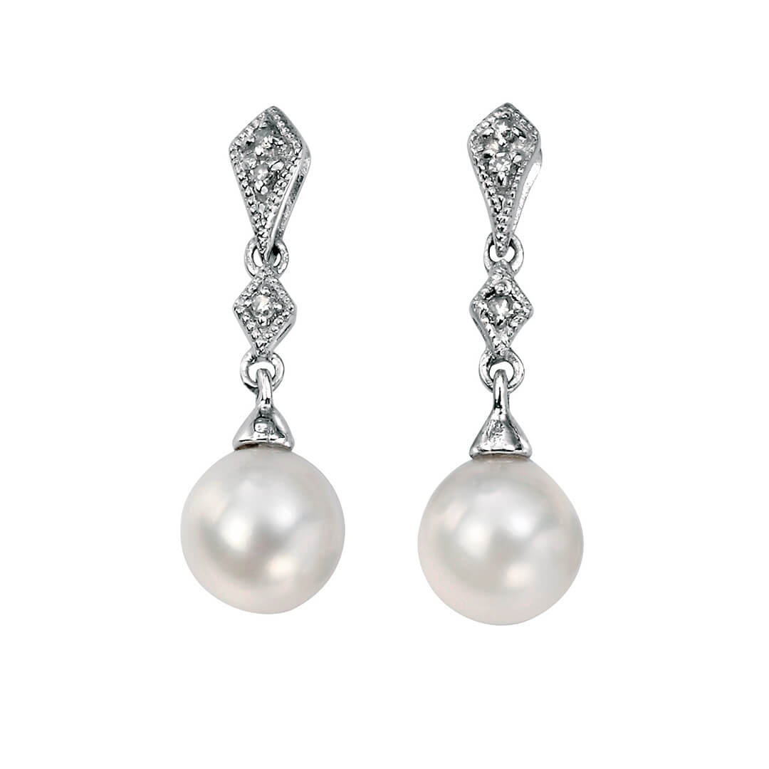 Elements Gold Freshwater Pearl and Diamond Drop Earrings