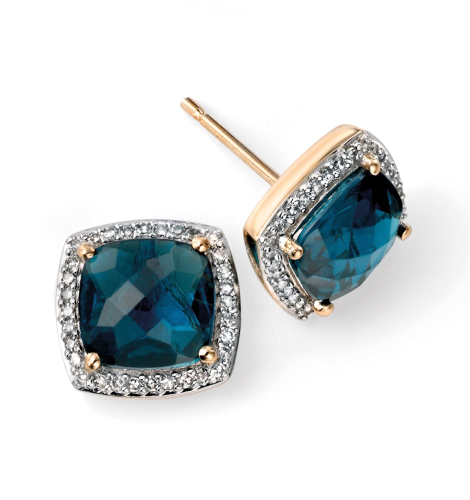Elements Gold Checkerboard London Blue Topaz Earrings with Diamond