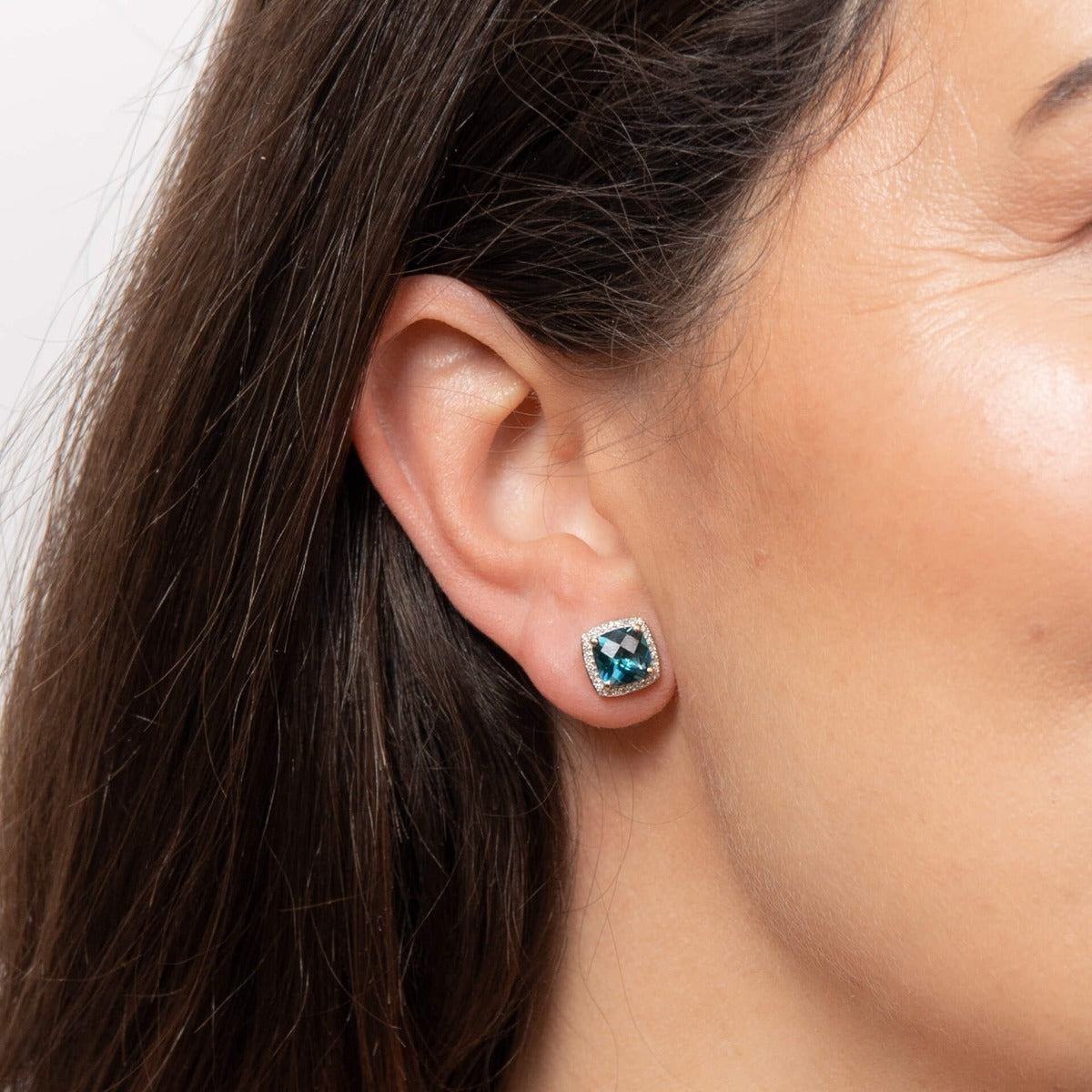 Elements Gold Checkerboard London Blue Topaz Earrings with Diamond