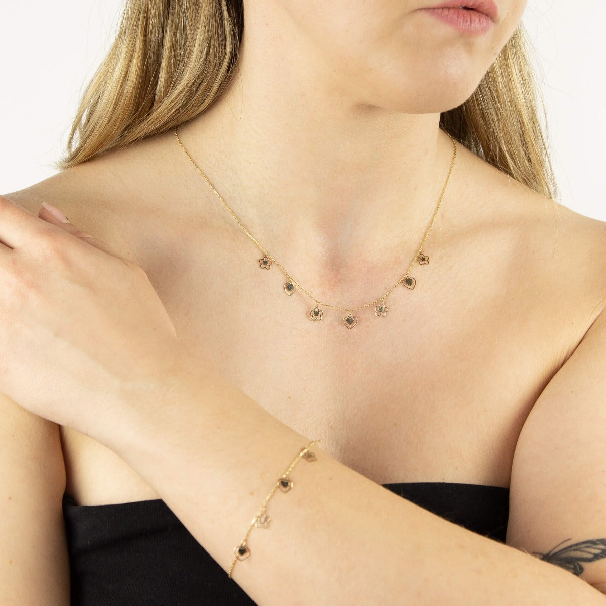 Elements Gold Heart and Flower Charm Bracelet