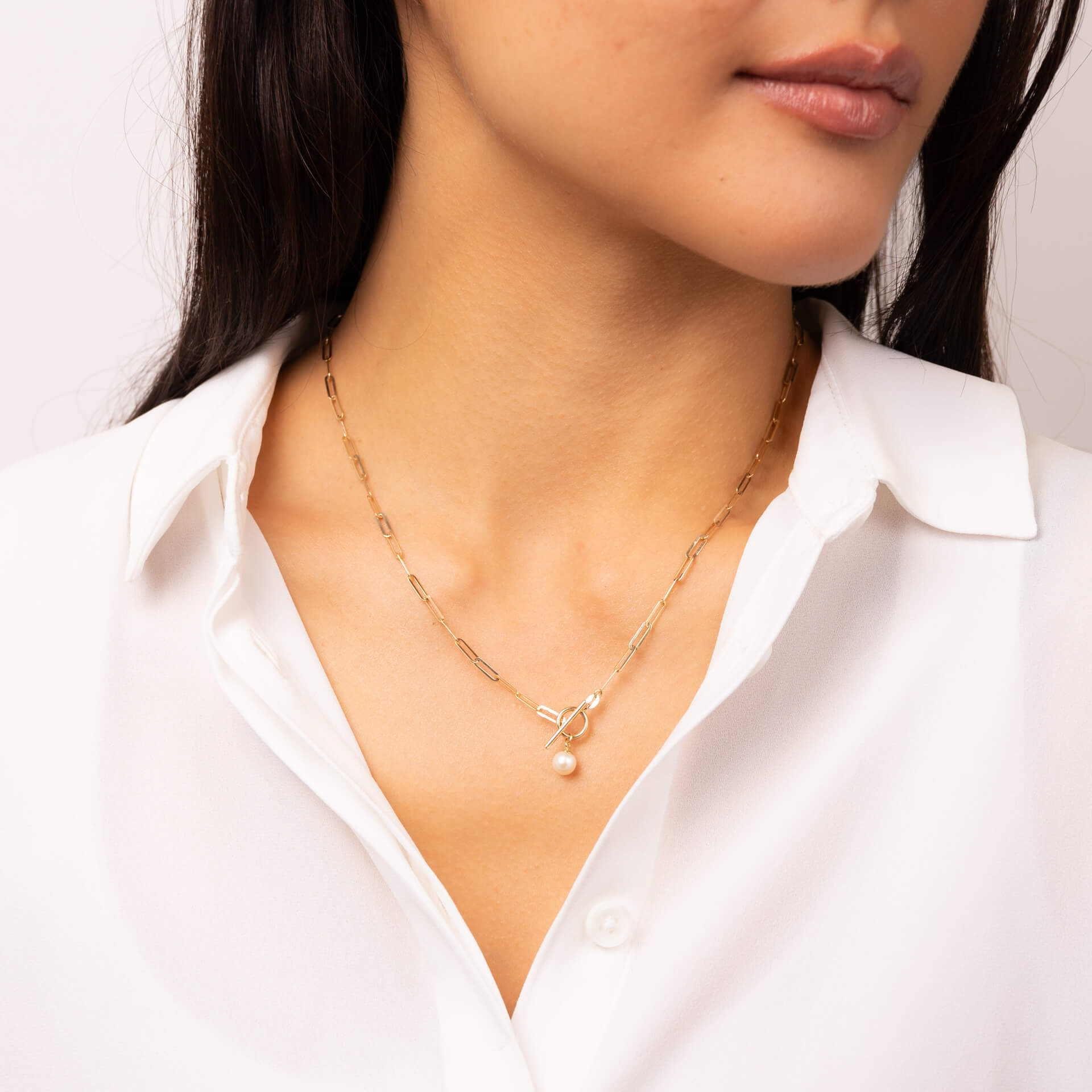 Elements Gold T-Bar Chain Necklace with Freshwater Pearl Charm