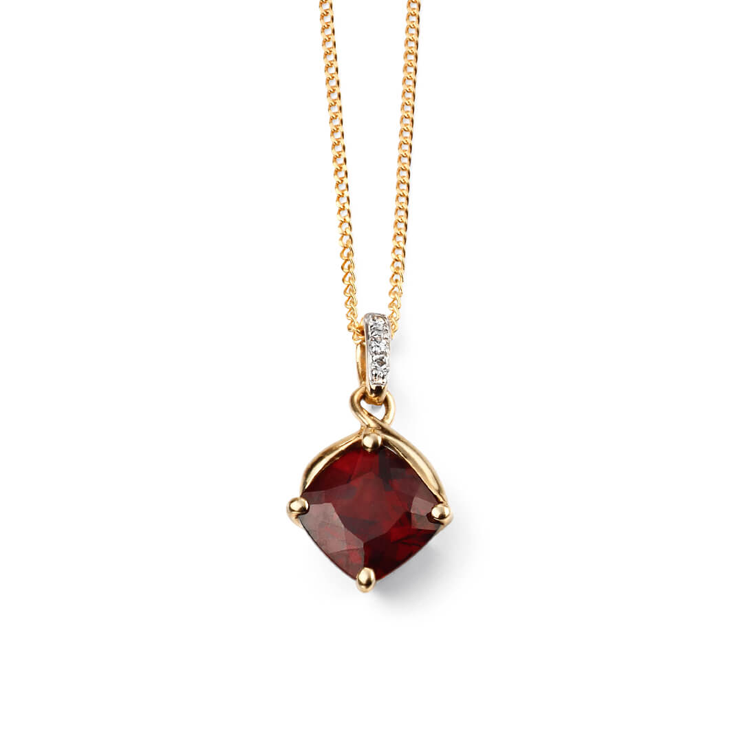 Elements Gold Square Garnet Drop Pendant with Diamond Set Bale
