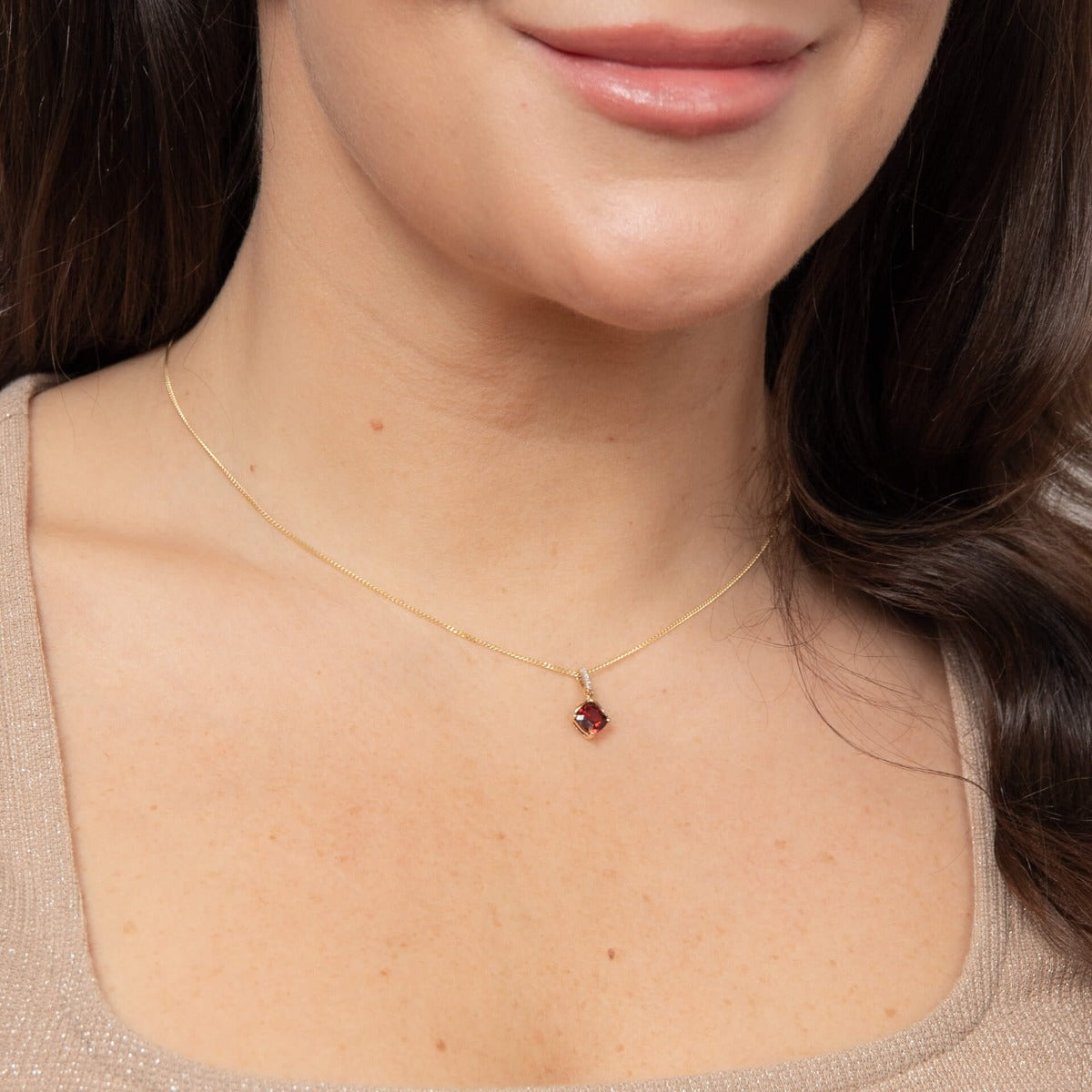 Elements Gold Square Garnet Drop Pendant with Diamond Set Bale