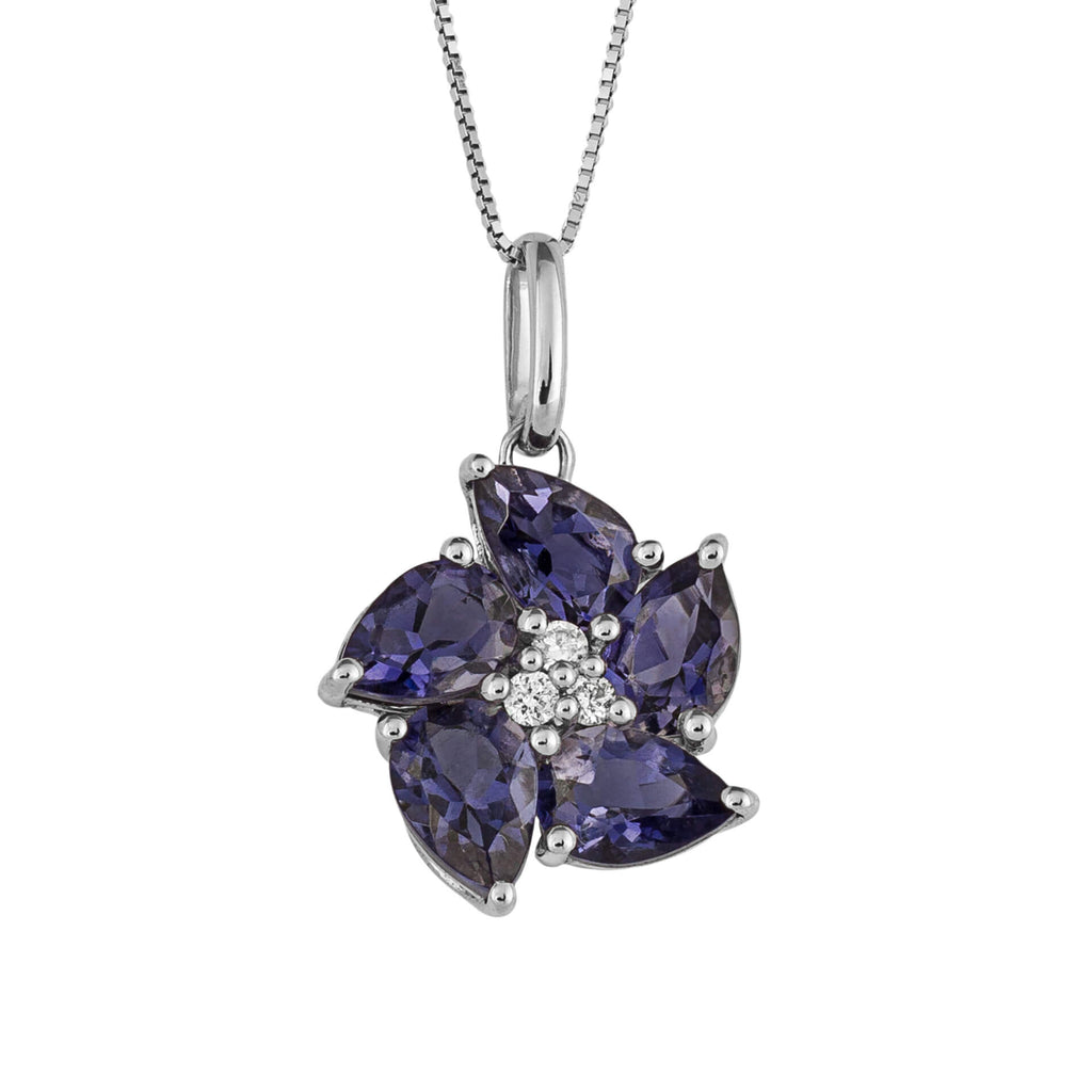 Elements Gold Peony Flower Pendant with Iolite and Diamond