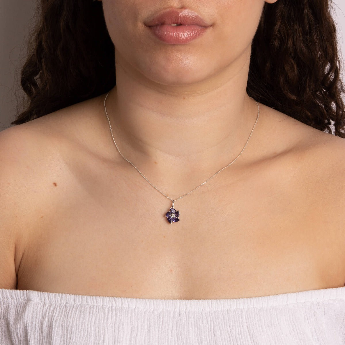 Elements Gold Peony Flower Pendant with Iolite and Diamond