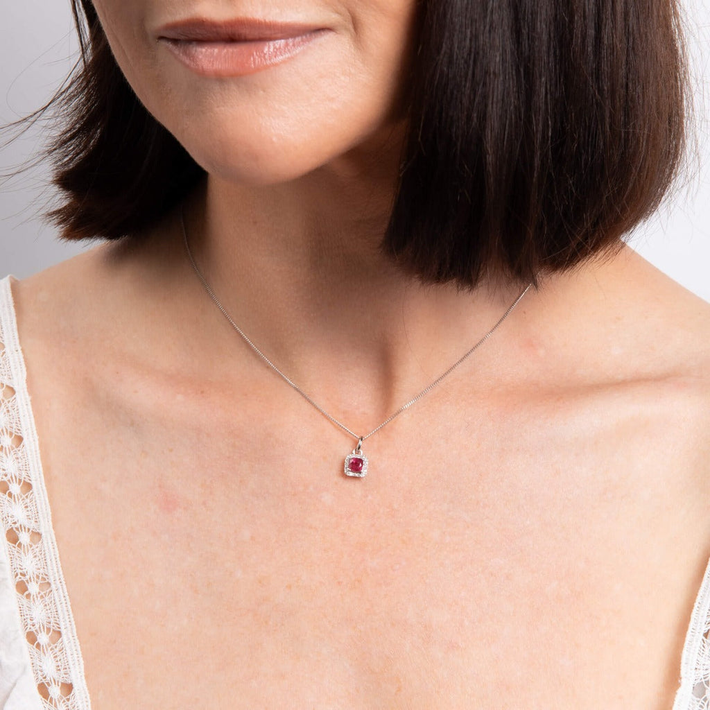 Elements Gold Cushion Cut Ruby with Diamond Halo Pendant