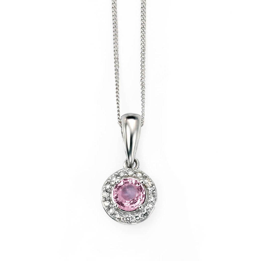Elements Gold Pink Sapphire Pendant with Diamond Surround