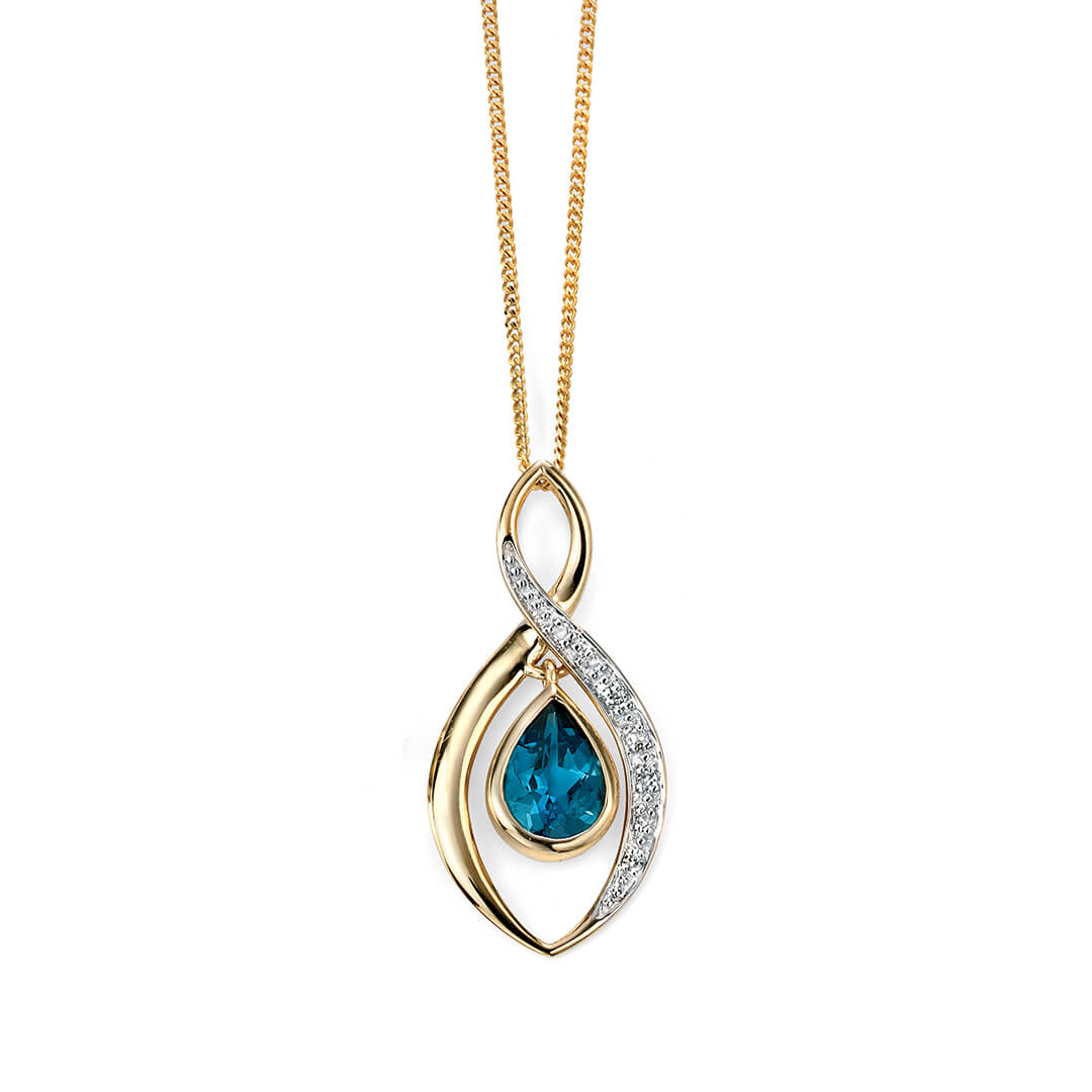 Elements Gold Twist Teardrop Blue Topaz Pendant with Diamond