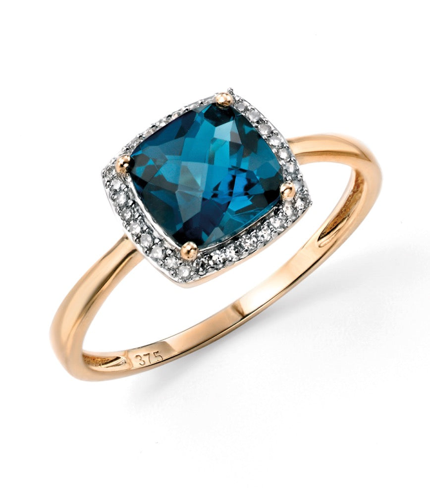 Elements Gold Checkerboard London Blue Topaz Ring with Diamond Surround