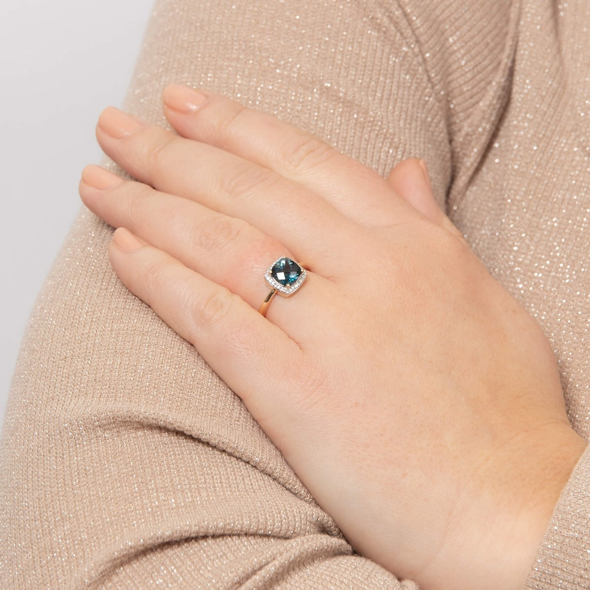 Elements Gold Checkerboard London Blue Topaz Ring with Diamond Surround