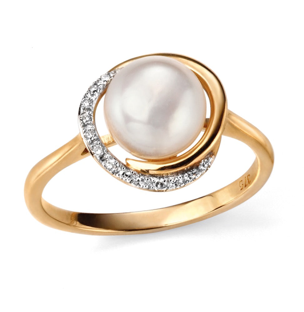 Elements Gold Button Pearl Ring with Diamond Wave