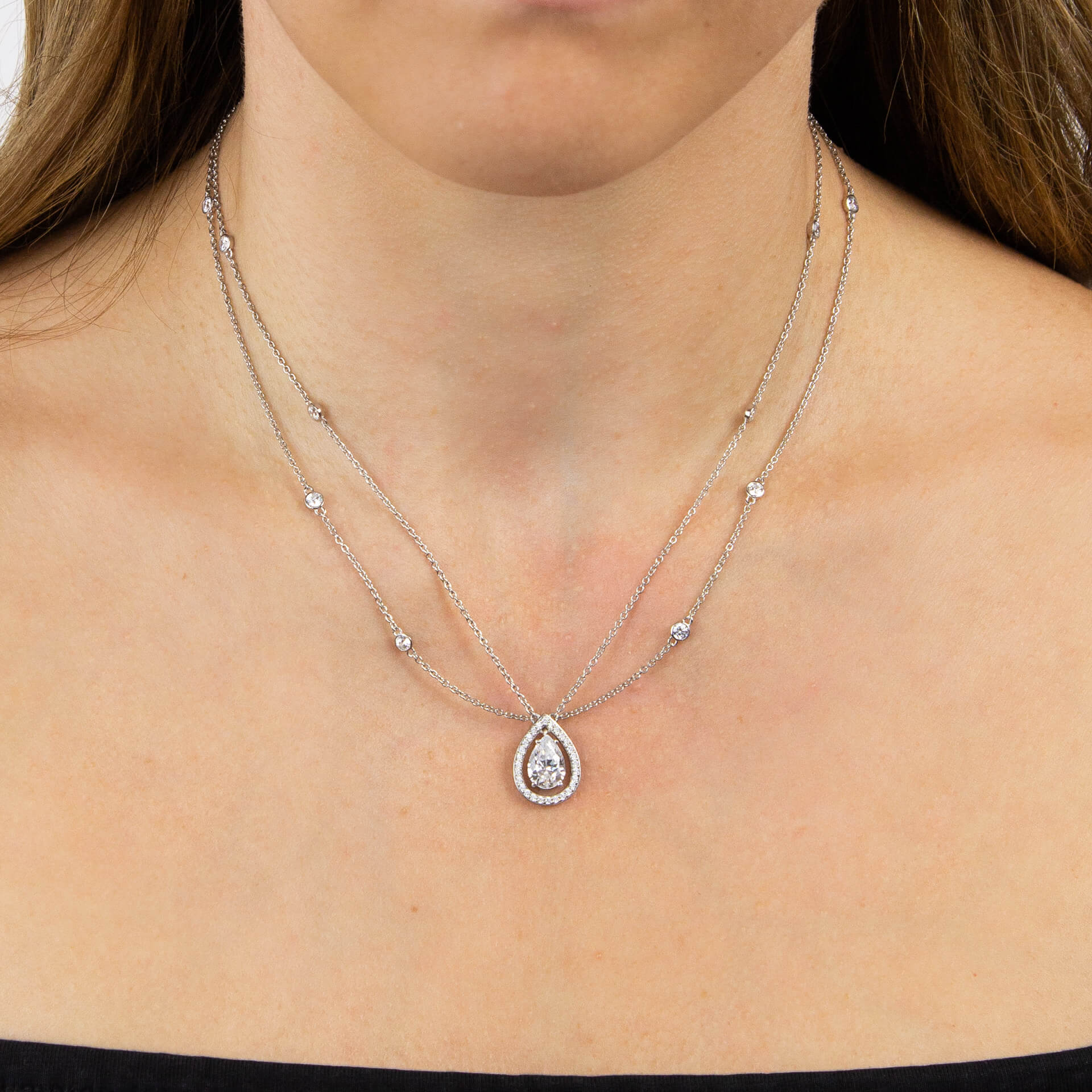Diamonfire Teardrop Zirconia Double Chain Necklace