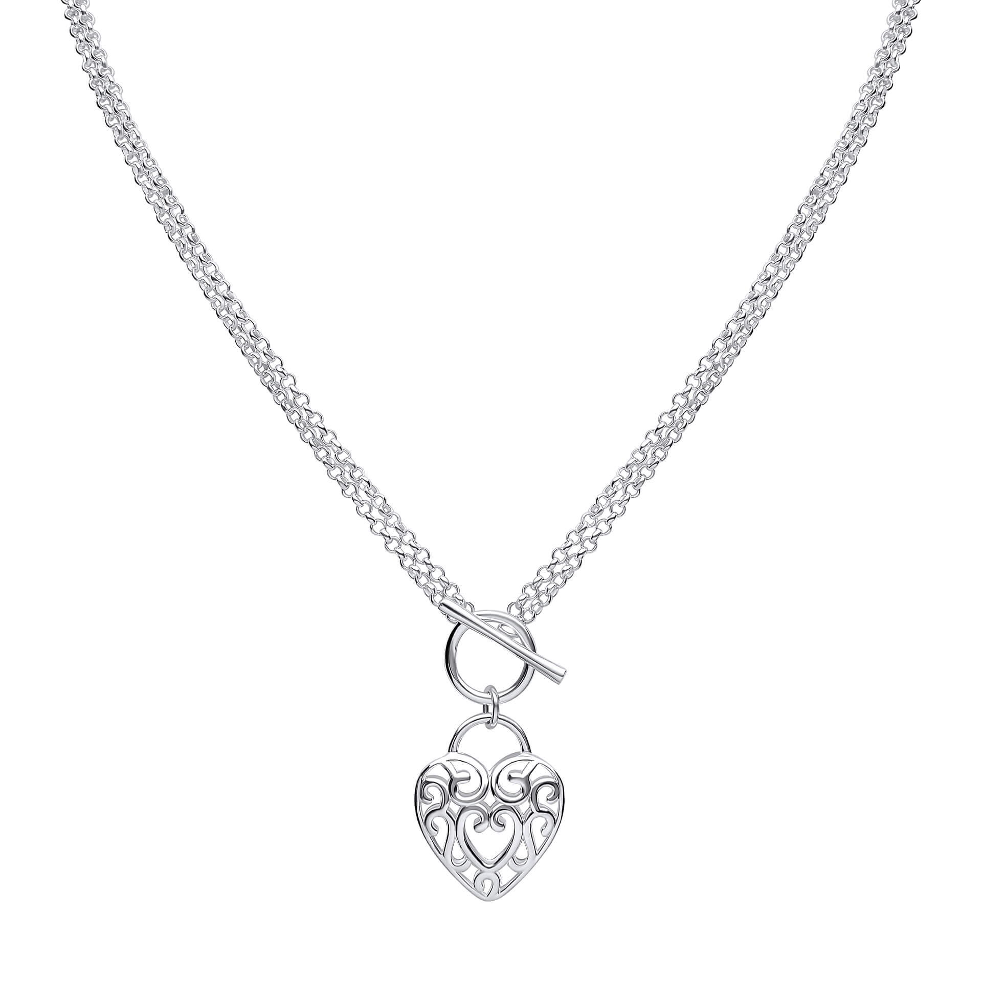Beginnings Large Filigree Heart Double Chain T-Bar Necklace