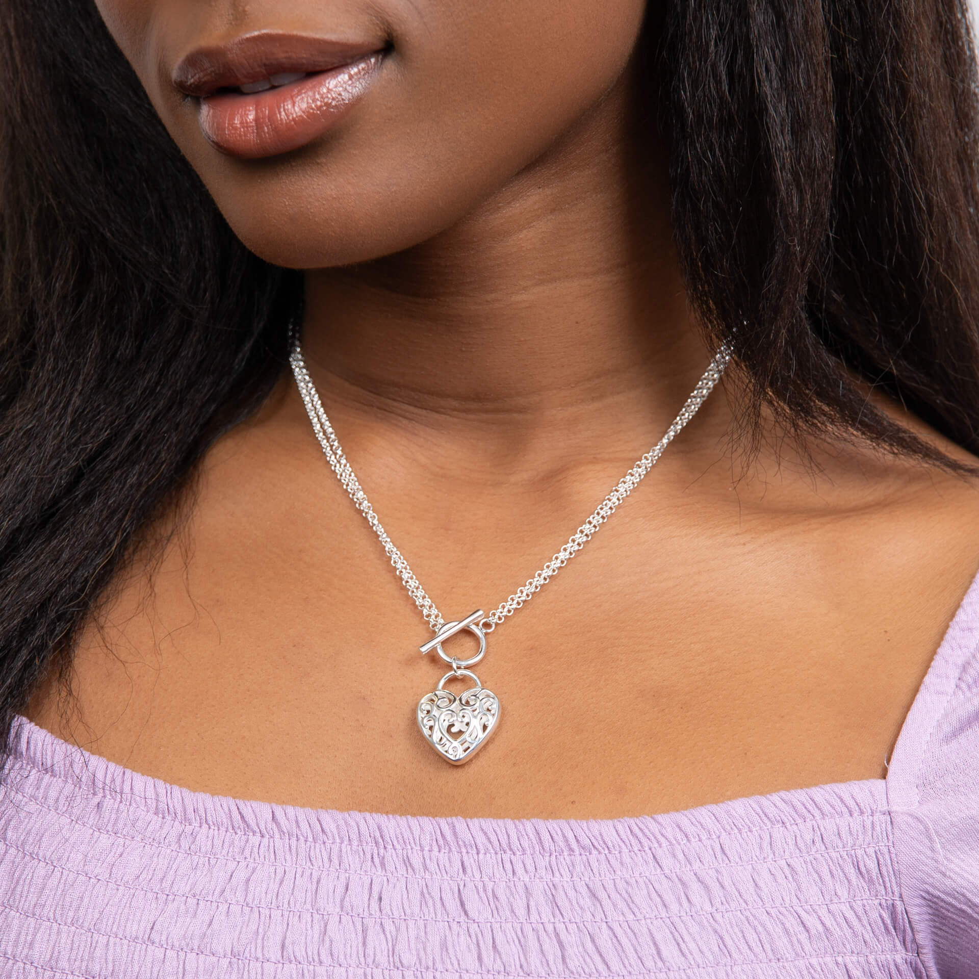 Beginnings Large Filigree Heart Double Chain T-Bar Necklace