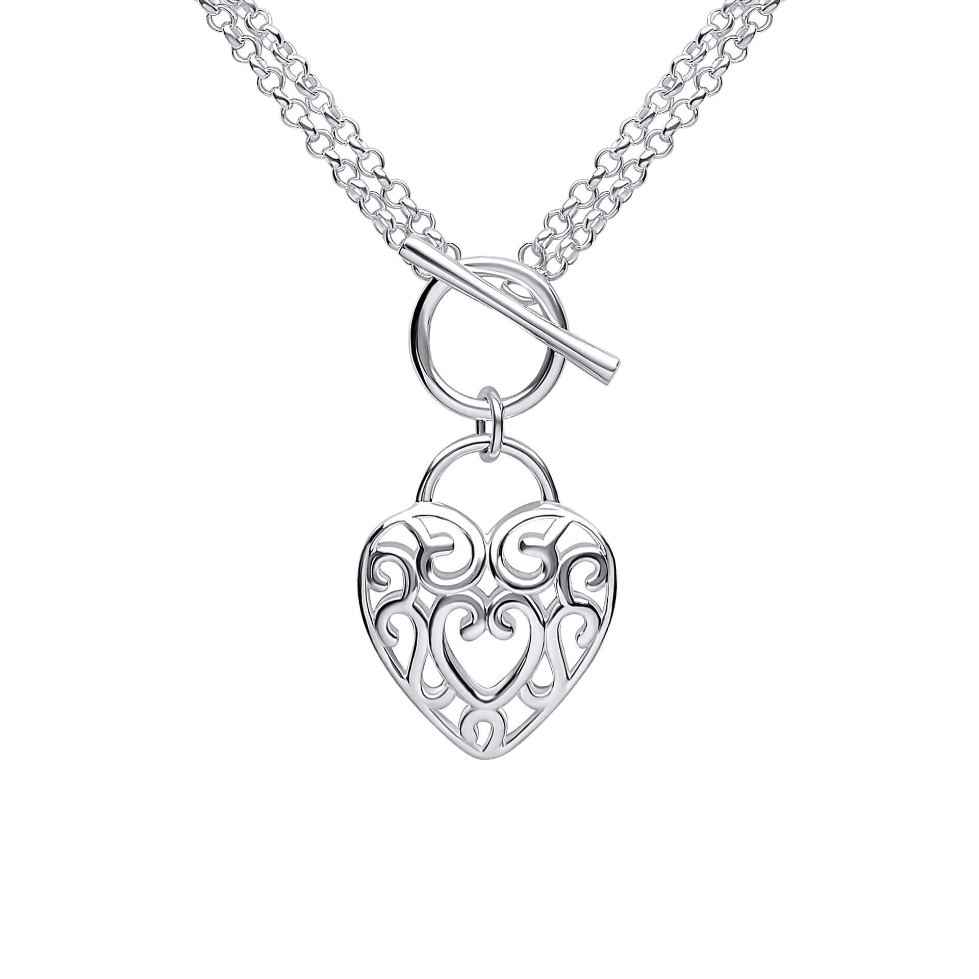 Beginnings Large Filigree Heart Double Chain T-Bar Necklace