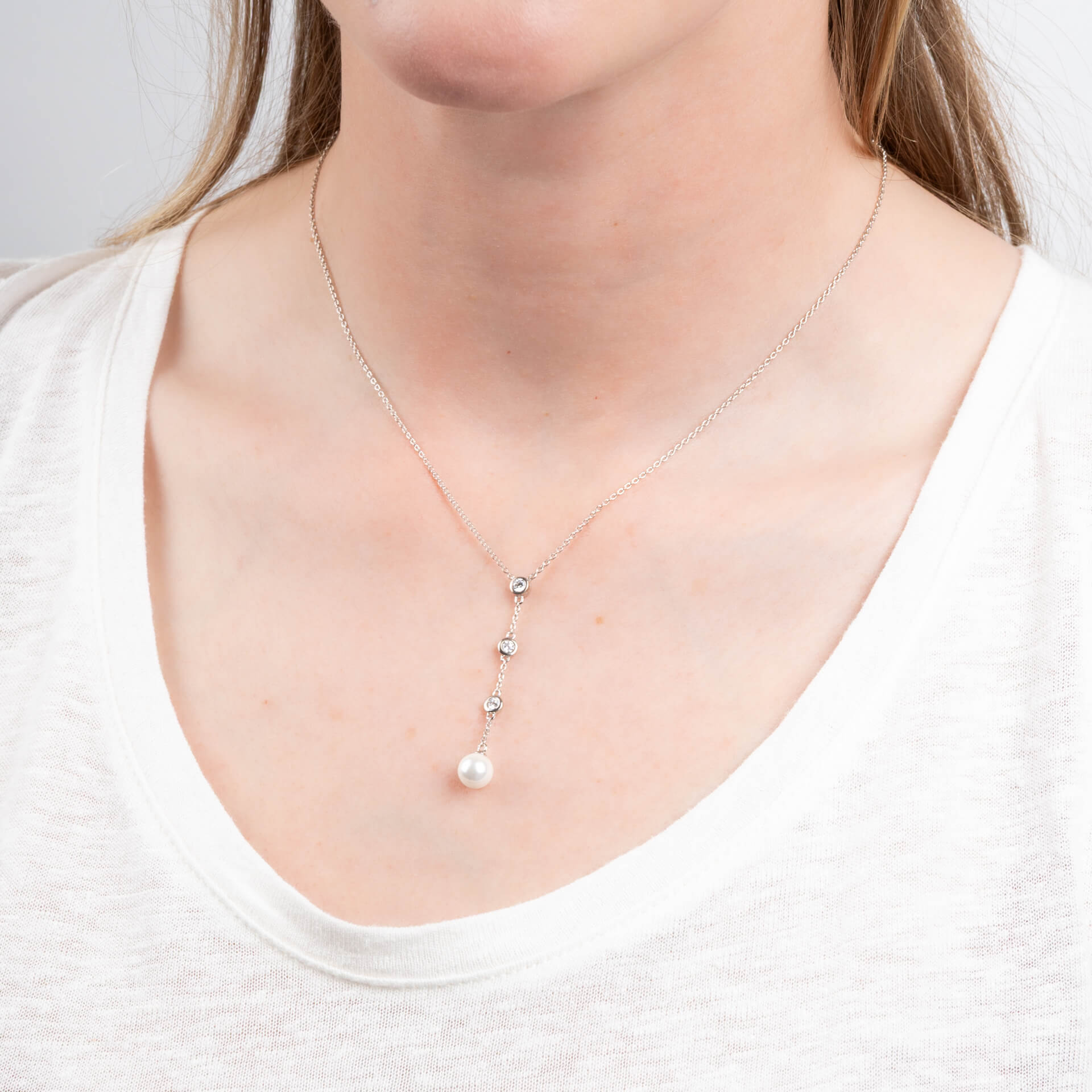 Diamonfire Zirconia and Shell Pearl Y Chain Drop Necklace