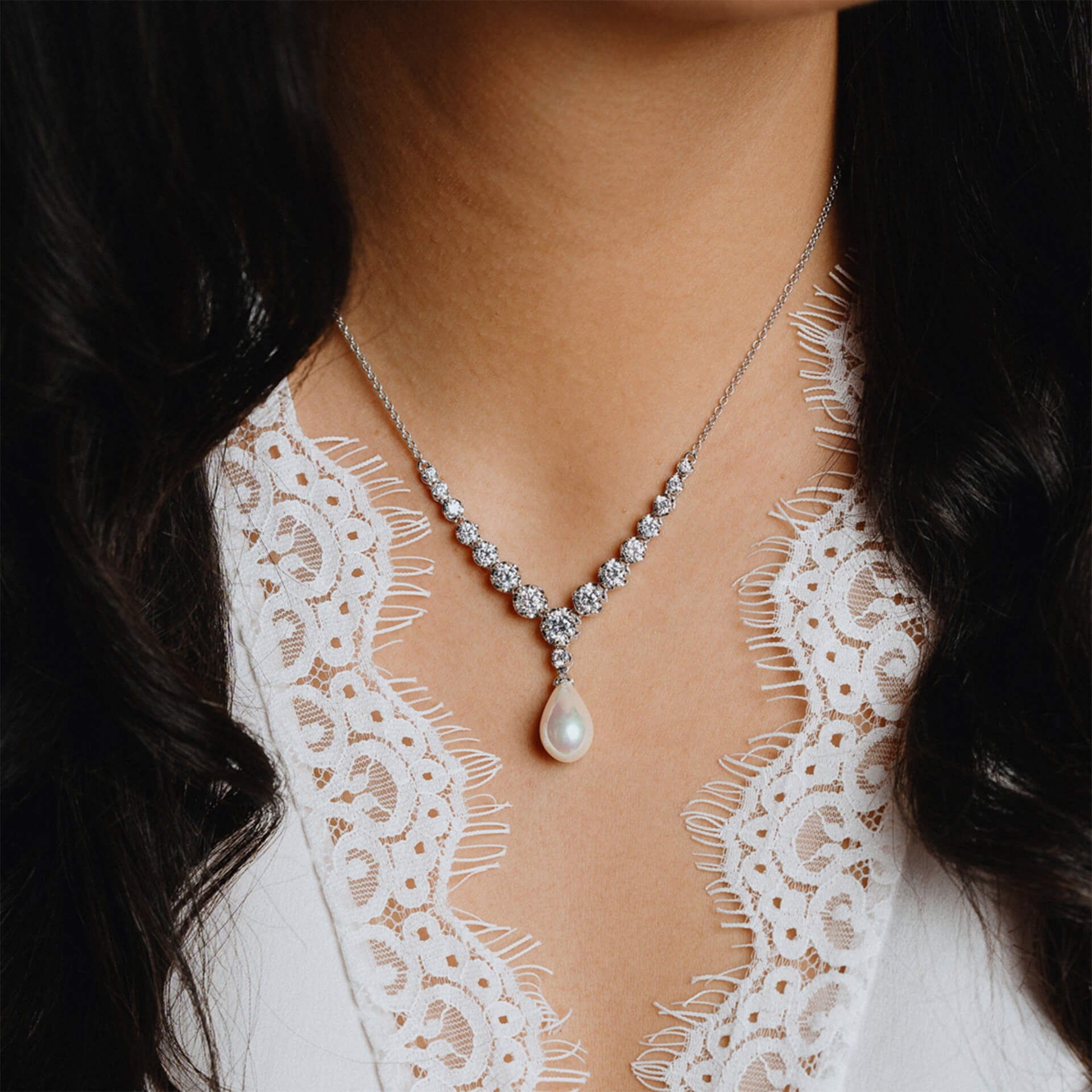 Diamonfire Statement Zirconia Lined Necklace with Shell Pearl Drop