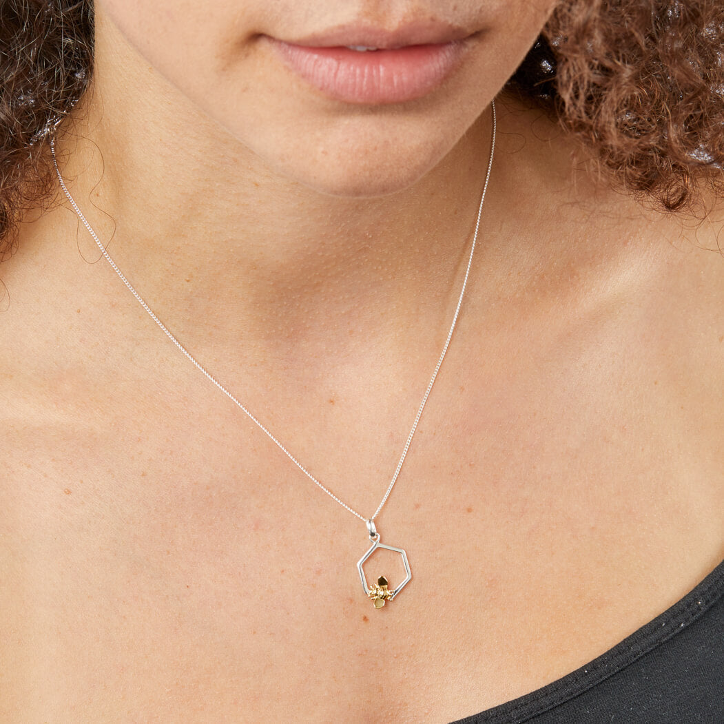Beginnings Yellow Gold Plated Bee and Single Honeycomb Pendant