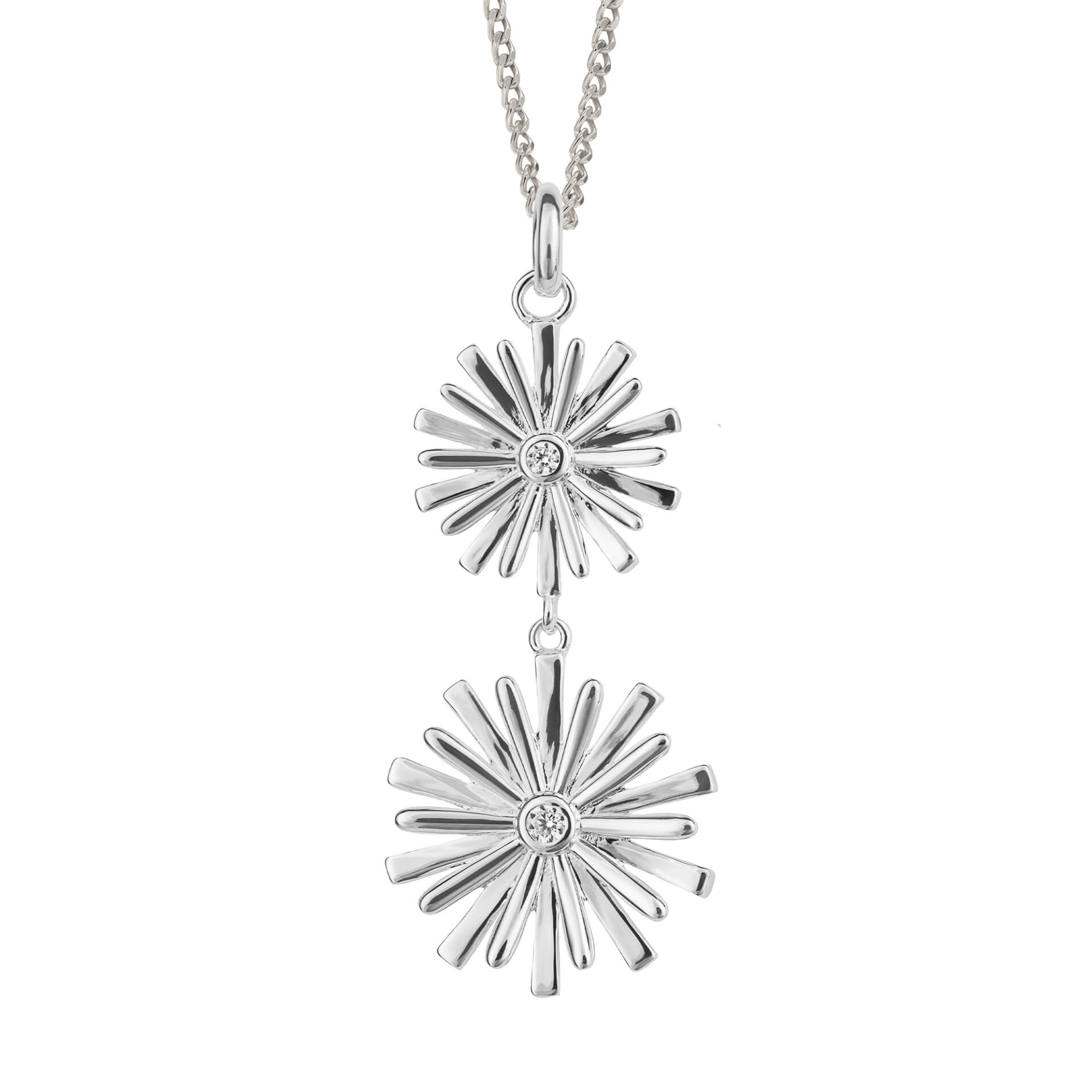 Beginnings Stylised Double Flower Drop Pendant with Cubic Zirconia