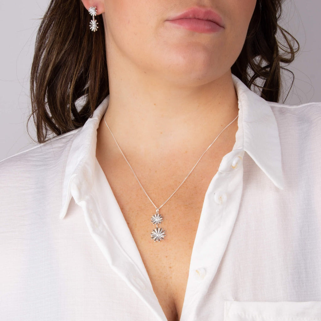 Beginnings Stylised Double Flower Drop Pendant with Cubic Zirconia