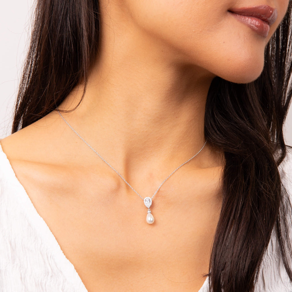 Diamonfire Teardrop Zirconia Pendant with Shell Pearl Drop
