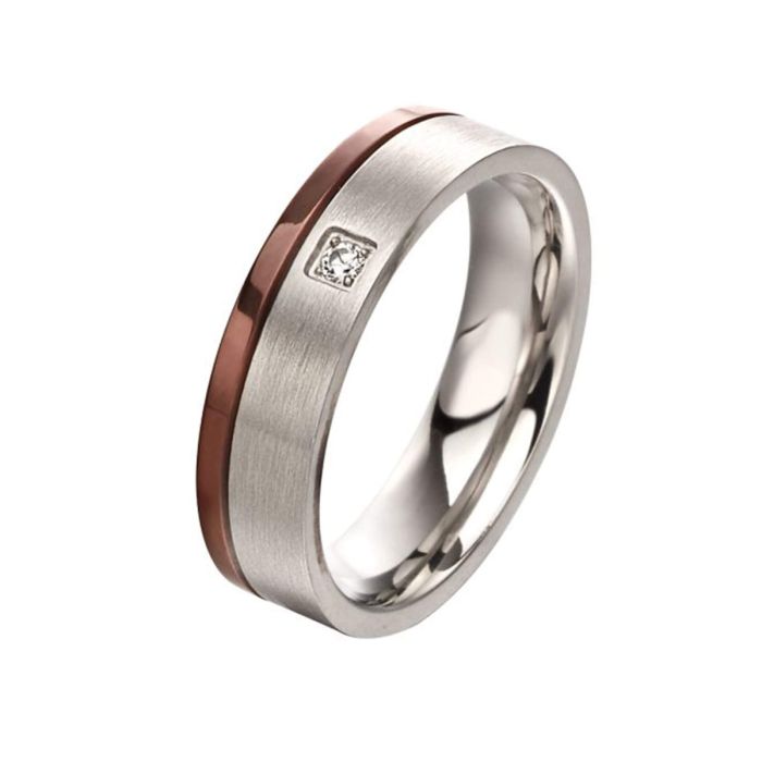 Fred Bennett Brushed Steel Ring with IP detail and CZ