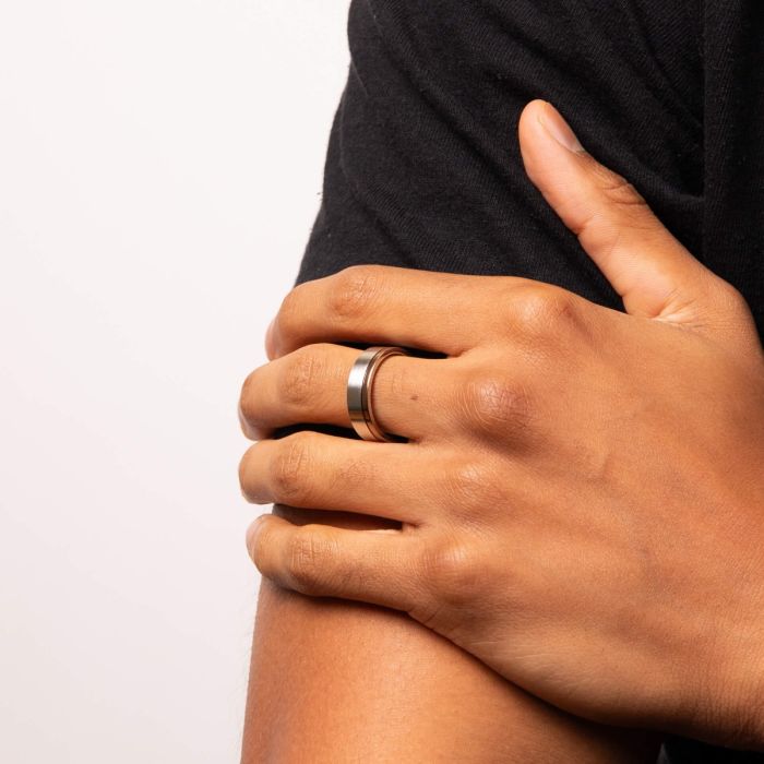 Fred Bennett Brushed Steel Ring with IP detail and CZ