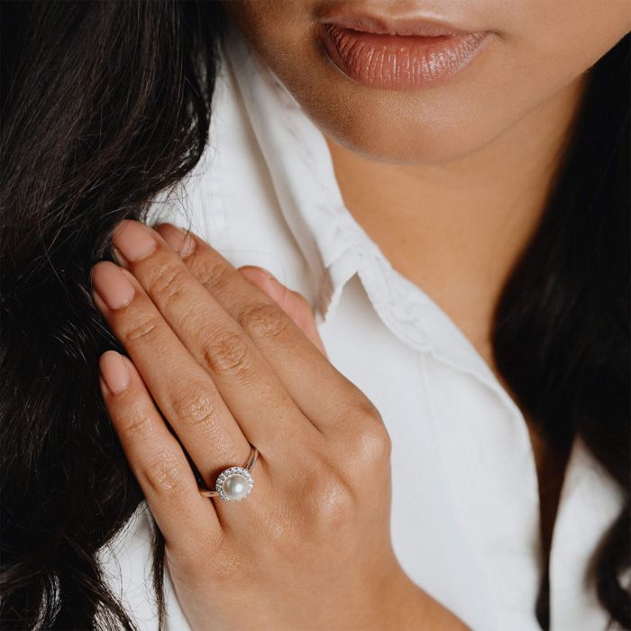 Diamonfire Shell Pearl and Zirconia Halo Ring