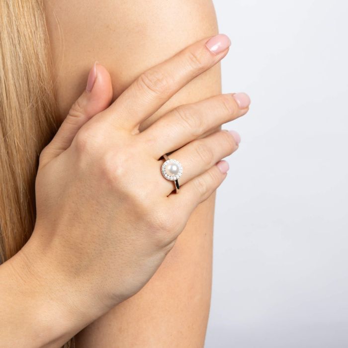 Diamonfire Shell Pearl and Zirconia Halo Ring