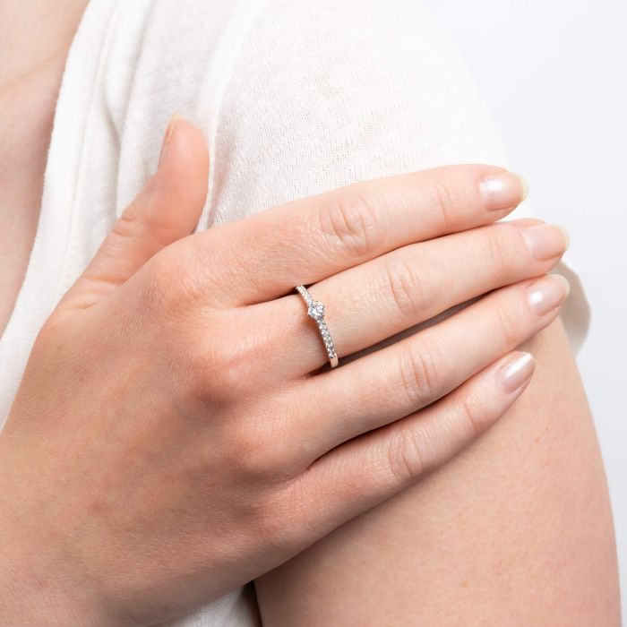 Diamonfire Six Claw Solitaire Ring with Pave Shoulders