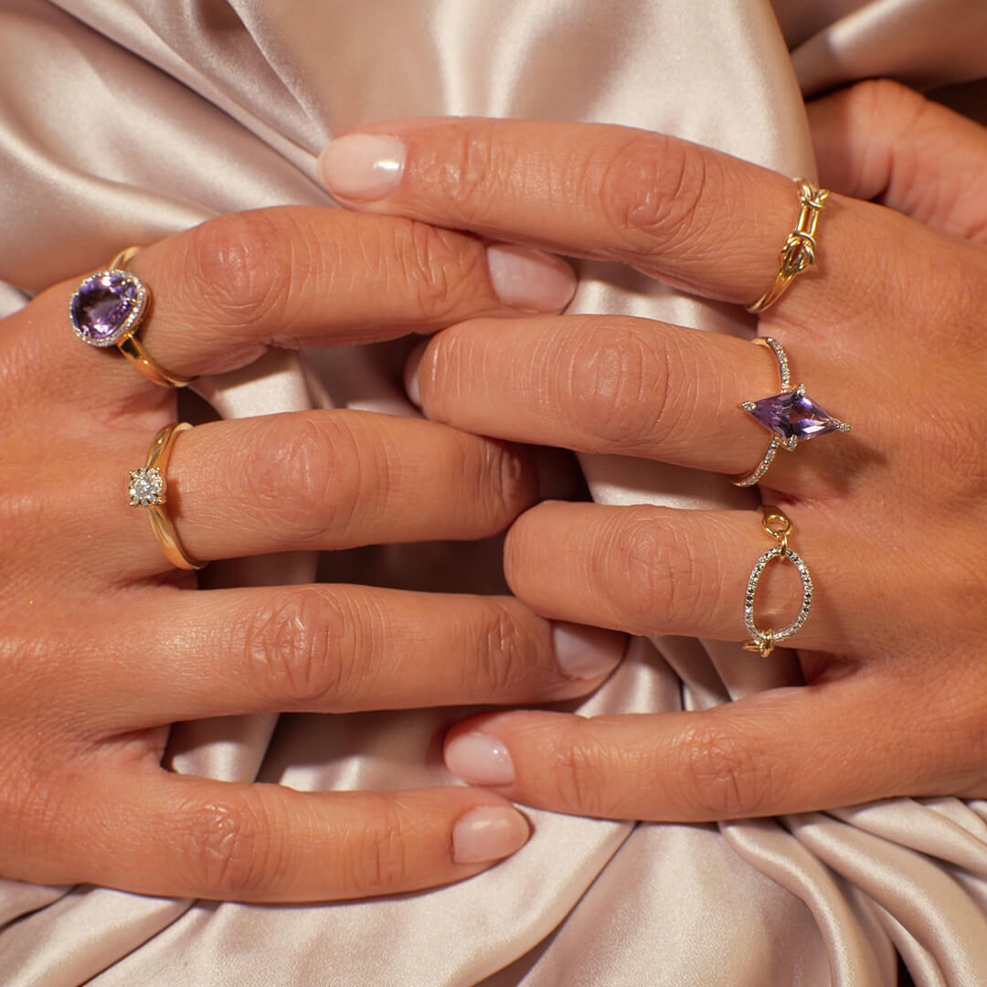 Elements Gold Irregular Shaped Purple Amethyst Stone Ring with Diamond Surround