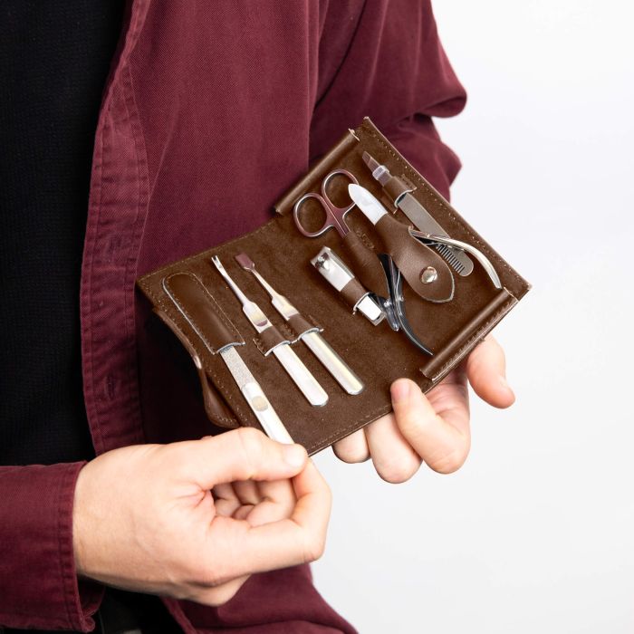 Fred Bennett Brown Leather and Stainless Steel Travel Manicure Set